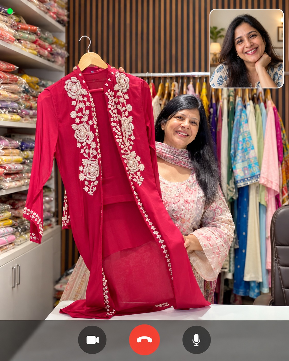 Video-shopping illustration: a dress presentation in the store with a customer camera tile
